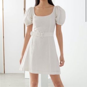 & Other Stories Los Angeles Puff Sleeve Belted Linen White Mini Dress sz 8
